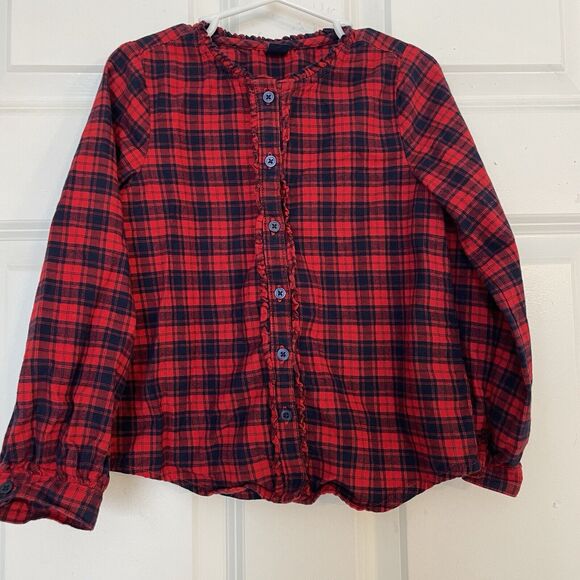 Baby Gap Red Plaid Button Down Ruffle Shirt Size 5/5T Navy Cotton Holiday Kids - Picture 1 of 6